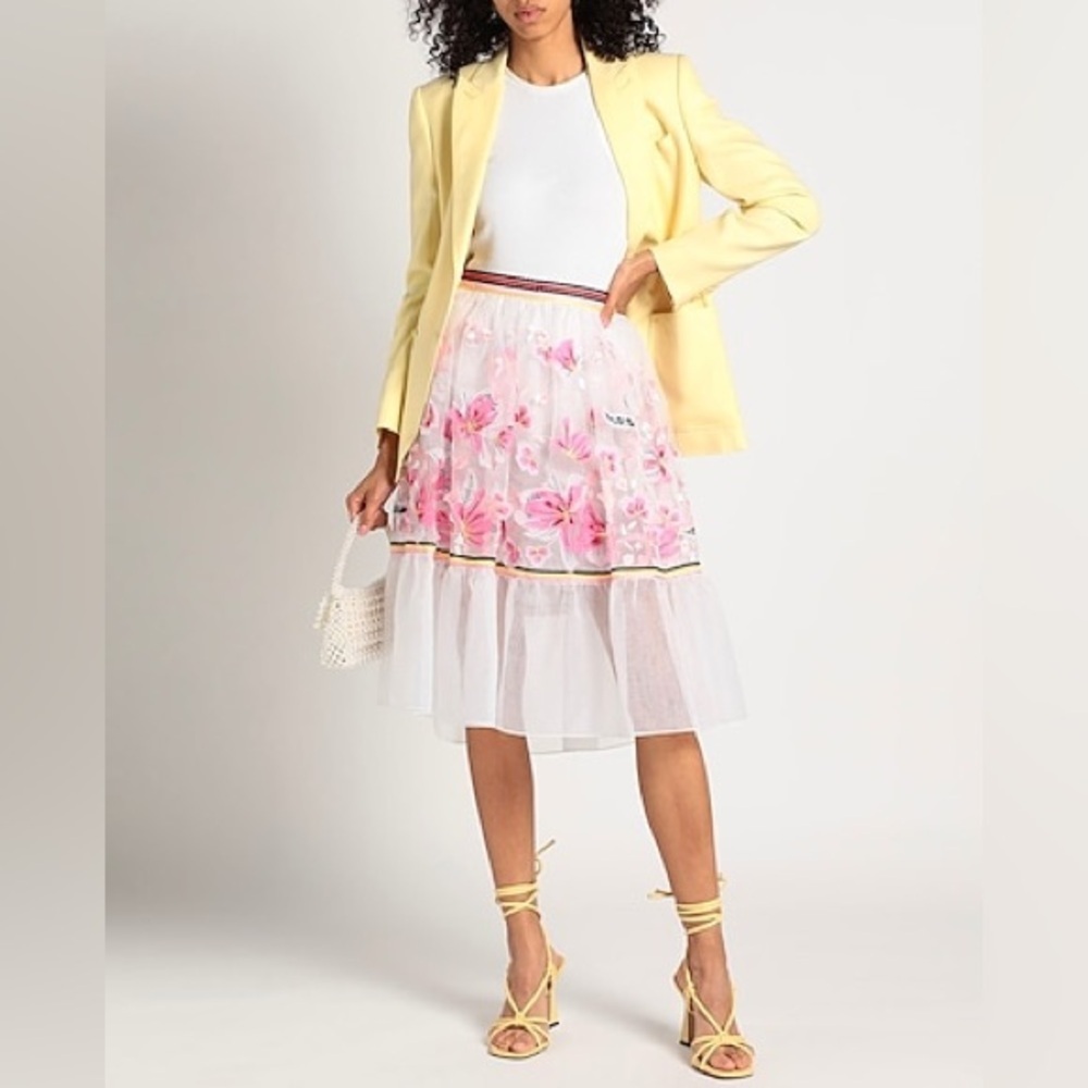 NWT Ermanno Scervino White Floral Embroidered Organza Midi Skirt Sz 38